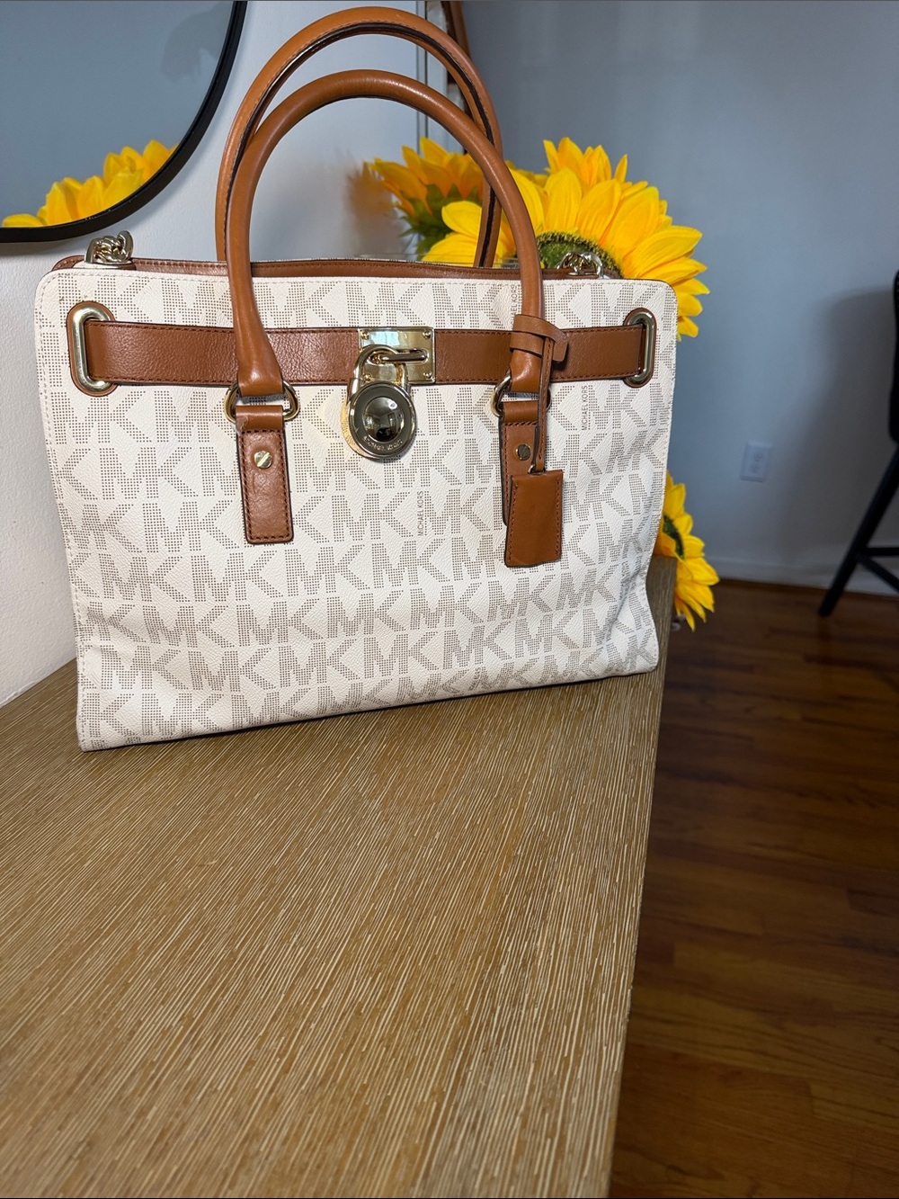 Michael Kors White Logo Satchel with Brown Trim and Gold Hardware